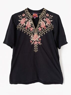 Johnny Was Pink Embroidered Floral Cotton Tunic Top Size Small